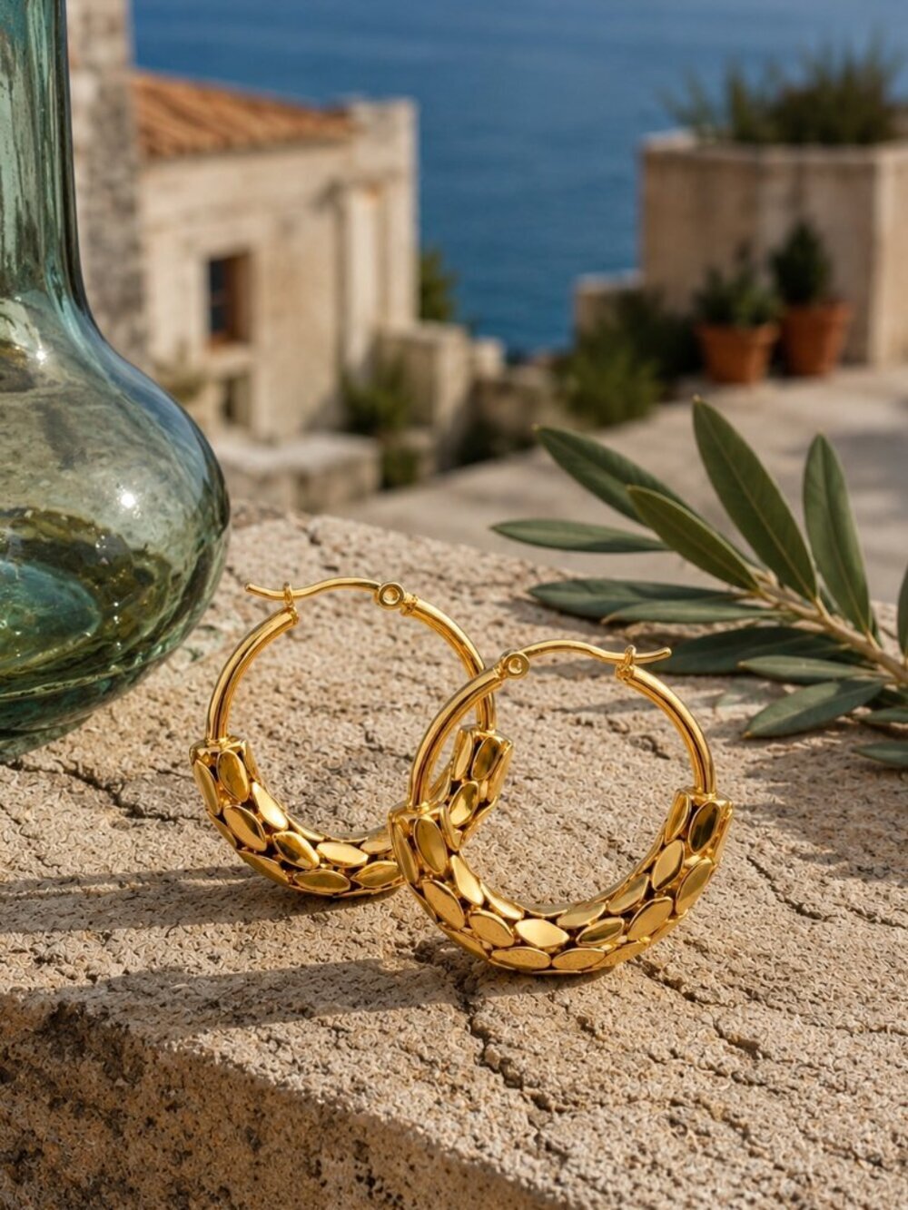 Sculpted Scale Texture Hoop Earrings Old Money 18K Gold Plated Stainless 1.1in